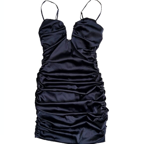 Oh Polly Dark Romance Plunge Ruched Satin Mini Dress Black Size 4 Party Satin - Picture 3 of 9